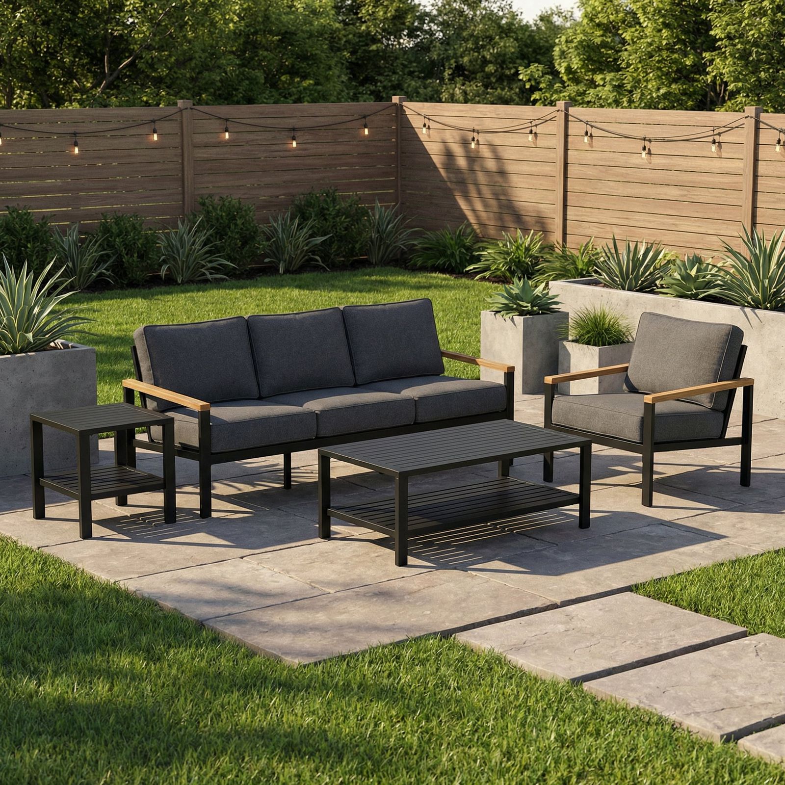 Barcelona powder-coated aluminum and teak deep seating